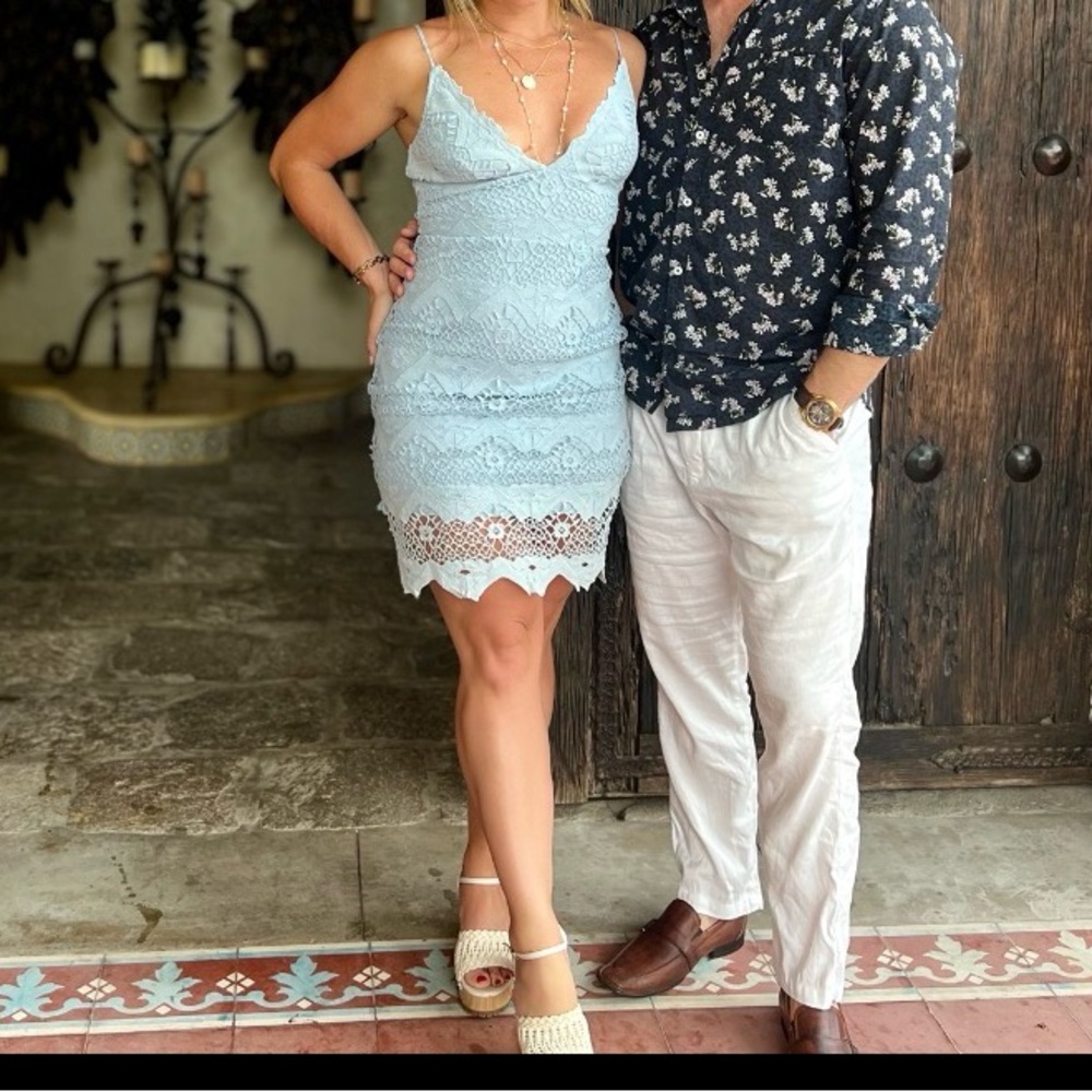 Lulu's Light Blue Lace V-Neck Bodycon Dress